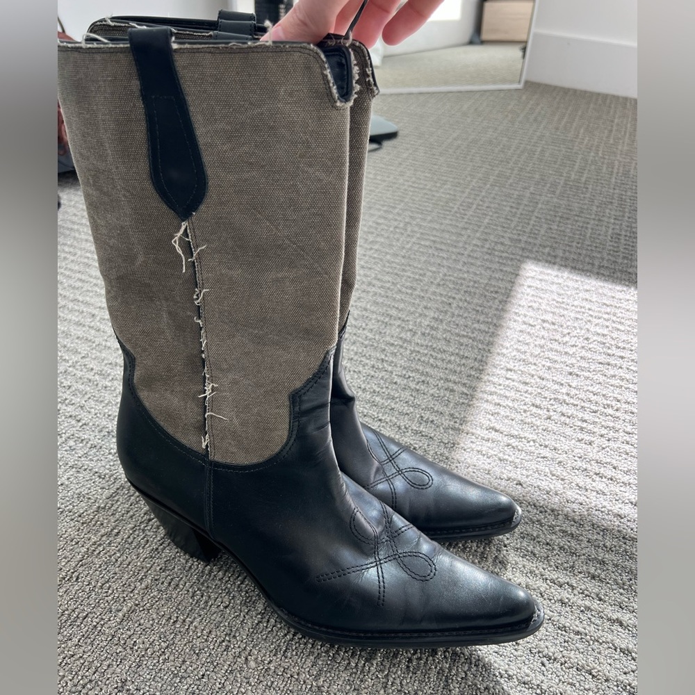 FRANCO SARTO Black Leather Canvas Western Fashion Boots Women's Size 10